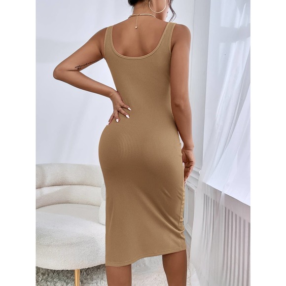 Square neck Ribbed Knit Split Thigh Tank midi Dress royal blue - Picture 11 of 15